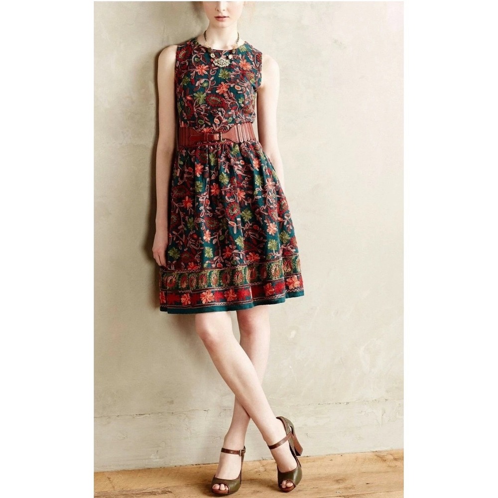 Adelyn Rae Embroidered Floral Sleeveless Fit Flare Dress Teal Red‎ Size 4